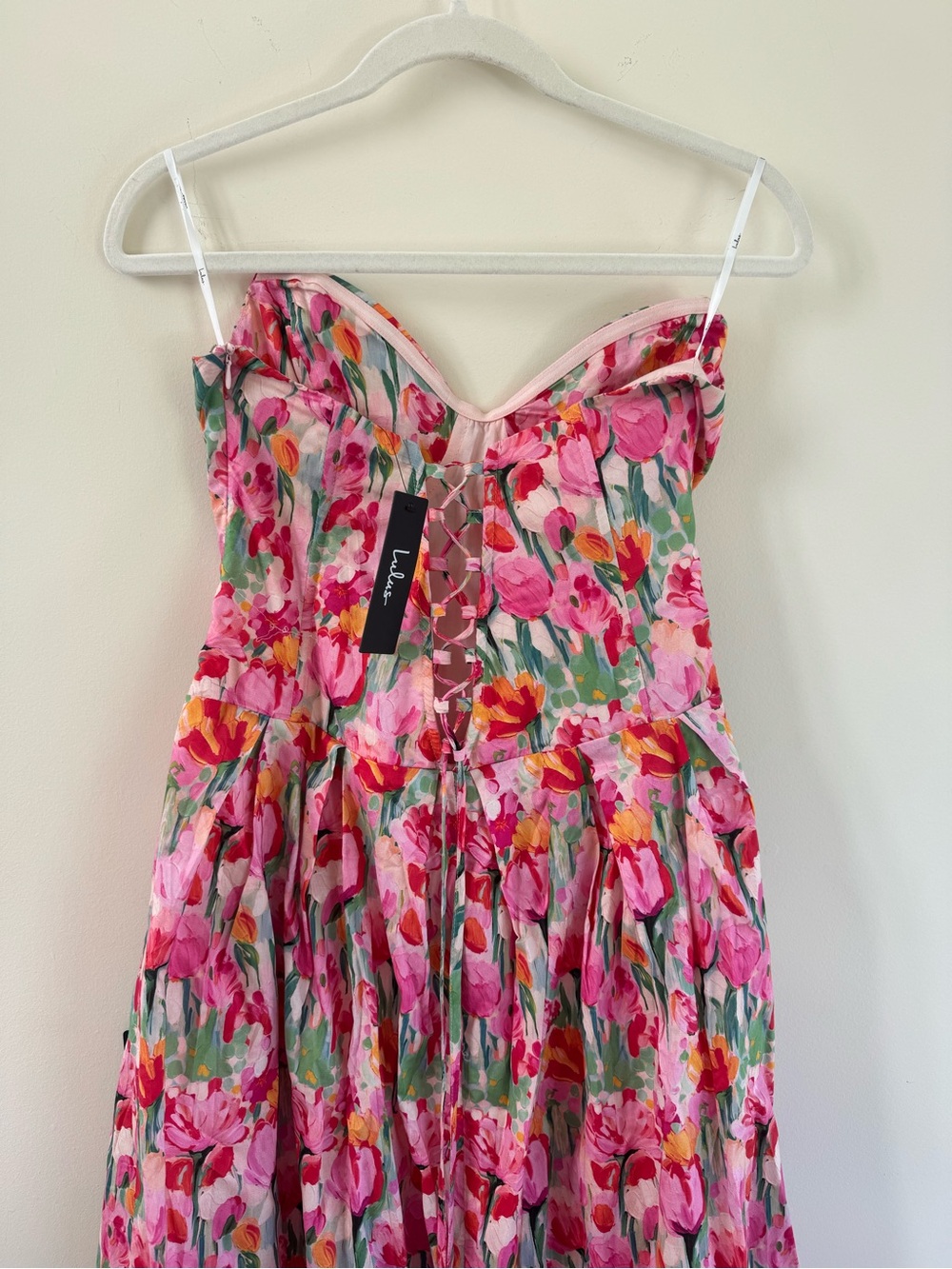 Lulu's Pink Floral Midi Dress with Green Accents and Red Highlights - Picture 3 of 3